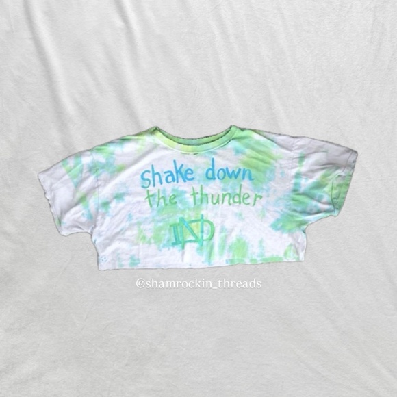 “shake down the thunder” destroyed-style Notre Dame tie dye crop top, size large - Picture 1 of 5